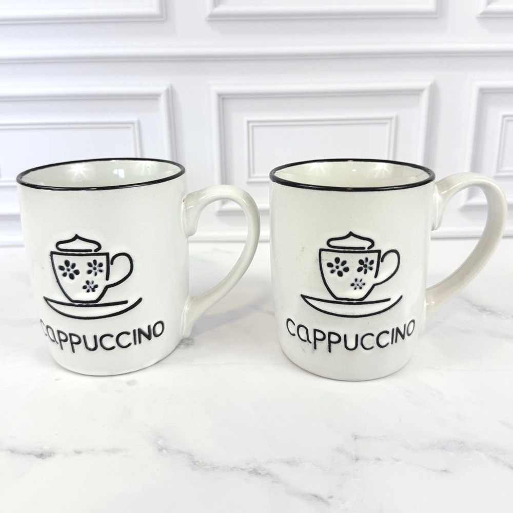 VTG PAIR (2) Royal Norfolk Cappuccino Mugs Black White 4" Tall